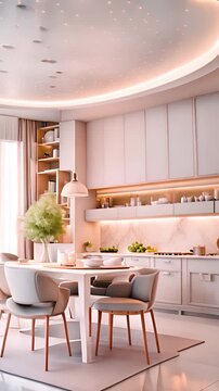 Elegant dining area of modern simple kitchen design in light colors, cooking utensils. Vertical.