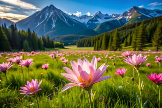 Delicate pink petals of the official Montana state flower, Bitterroot, bloom in a lush green meadow surrounded by rolling hills and majestic mountain peaks.