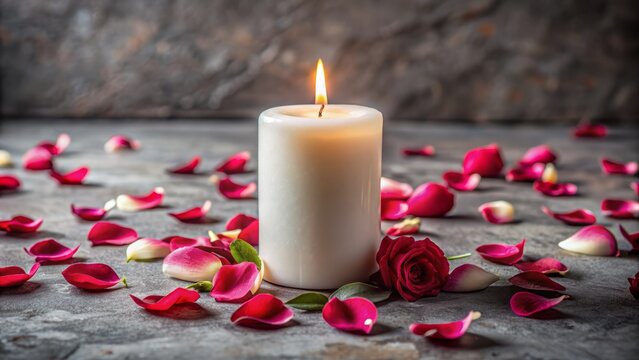 Serenity and peace evoke in this poignant scene featuring a white candle surrounded by rose petals on a rustic grey stone background with ample copy space.