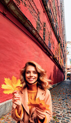 Naklejka premium autumn, woman, beauty, fall, leaf, leaves, yellow, face, 