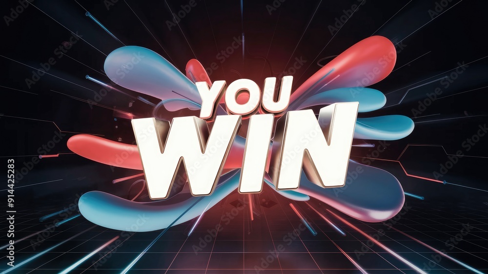 Poster dynamic you win text over flowing shapes on a dark backdrop embodying a retrofuturistic digital inte