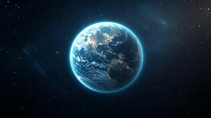 Obraz premium Blue planet Earth with visible continents, atmospheric glow, deep space, stars, and galaxies