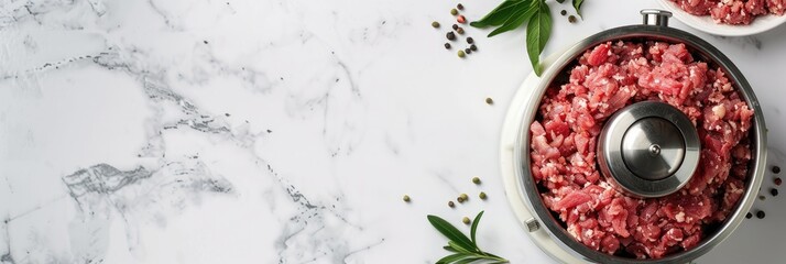Electric meat grinder with ground beef on white marble kitchen table blank space for text
