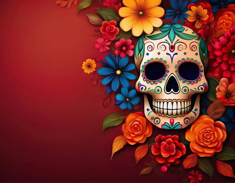Uma caveira mexicana com pintura de flores e muitas flores ao redor, com fundo vermelho.