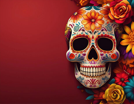 Uma caveira mexicana com pintura de flores e muitas flores ao redor, com fundo vermelho.
