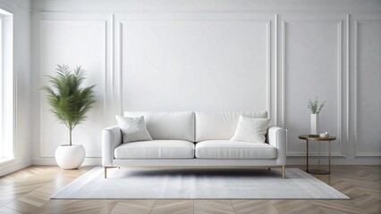 A Serene Scandinavian Haven: White Living Room with a Velvet Sofa  generative AI