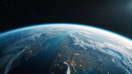 Obraz premium Earth's curvature from space, illuminated horizon, detailed landmasses, and water bodies, cosmic scenery