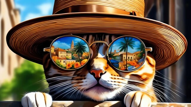 A gorgeous cat on vacation, resting on a city wall and wearing a sun hat and trendy sunglasses. Ideal for creating trip advertisements, like backgrounds, banners, posters, covers, cards, wallpapers. 