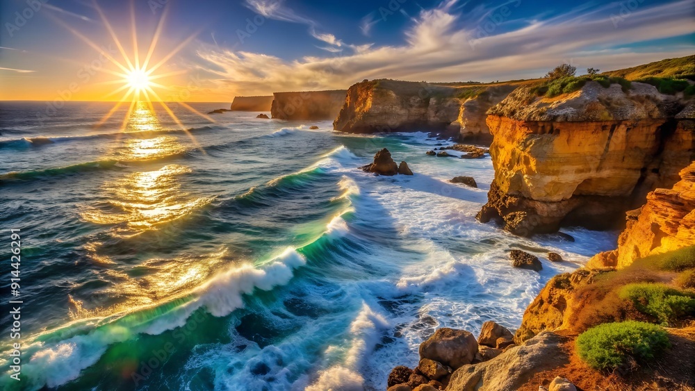 Poster sun-kissed cliffs and sparkling waves generative ai