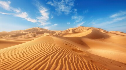 A vast desert landscape with towering sand dunes under a deep blue sky, the golden sands rippling in the wind and creating intricate patterns.