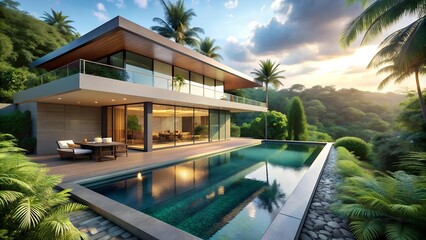 Modern Tropical Oasis: A Sleek Villa with a Cascading Pool  AI Generated