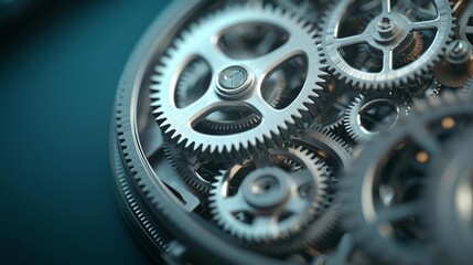 Macro shot of interlocking metal gears, intricate clockwork mechanism, highly detailed textures, mechanical precision, dark industrial background