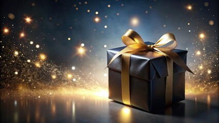 Mysterious black gift box with golden ribbon illuminated from within against a starry background, gift, box, mystery