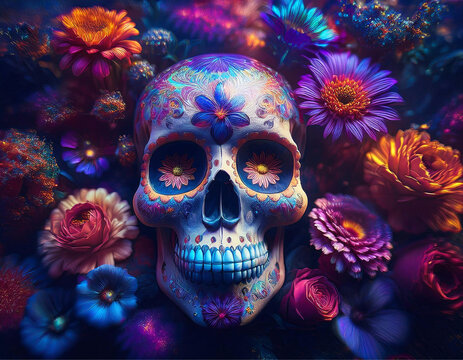 Uma caveira mexicana com pintura de flores e cheio de flores ao redor. Dia de Los Muertos.