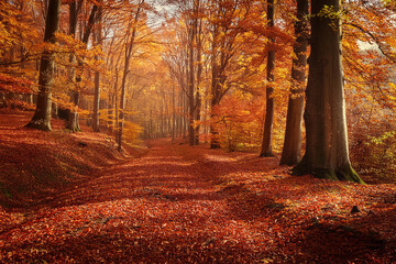 sunny, beautiful autumn forest with golden ang red leaves falling from trees