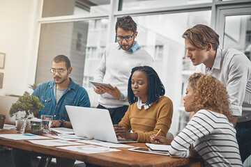 Team, meeting or tech in office for finance, budget planning or networking strategy. Business people, documents or laptop in city for research analysis, feedback or brainstorming for creative startup