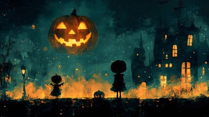Whimsical Halloween celebration with animated characters in creative costumes enjoying trick-or-treating and spooky decorations