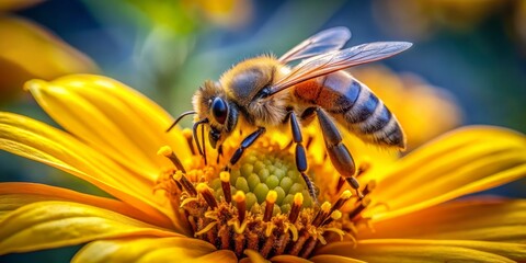 Vibrant yellow petals cradle a busy honeybee, its fuzzy body and delicate wings a blur as it collects nectar from the flower's sweet center.