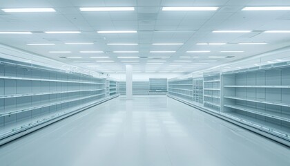 Obraz premium An empty grocery store with pristine white shelves, evoking desolation temporary closure