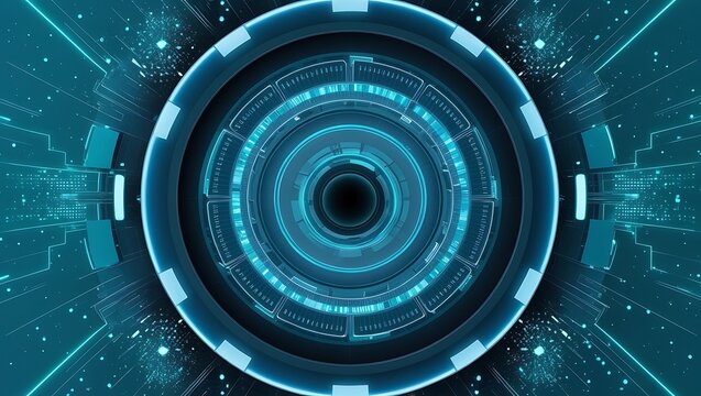 futuristic style graphic featuring a complex, circular interface layout.