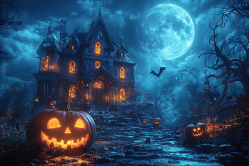 A spooky Halloween scene of a haunted house on a hill under a full moon, with glowing carved pumpkins on the porch. Bats' shadows cross the moonlit sky, and twisted, barren trees surround the house 