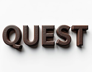 3D textured brown letters spelling 'QUEST' on a white background.