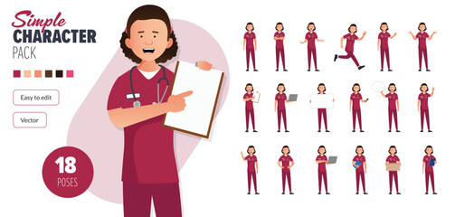 Simple flat female nurse woman vector character in a set of multiple poses. Easy to edit and isolated on a white background. Modern trendy style character mega pack with lots of poses.	