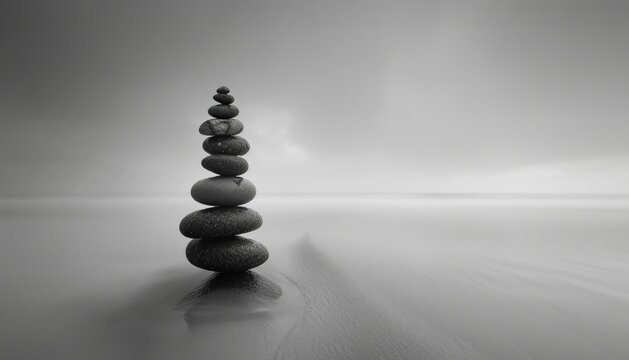 A tower of stones symbolizing inner equilibrium and calmness, evoking a sense of stability peace.