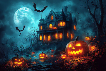 A spooky Halloween scene of a haunted house on a hill under a full moon, with glowing carved pumpkins on the porch. Bats' shadows cross the moonlit sky, and twisted, barren trees surround the house 
