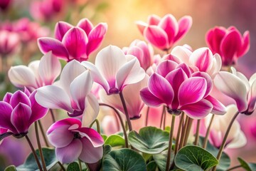 Obraz premium Delicate Cyclamen flowers swirl together in a whimsical dance of vibrant pink, white, and purple hues, set against a soft, creamy background.