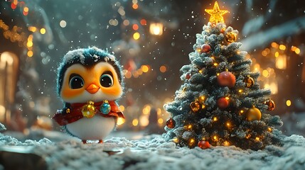 Whimsical Christmas tree decorating with animated characters adding ornaments and enjoying festive music