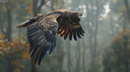 Obraz premium Majestic bald eagle soaring through the sky with the iconic american flag as the backdrop