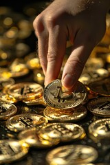 A hand reaching for bitcoins, depicted in clear detail like an ultra sharp photo, symbolizing