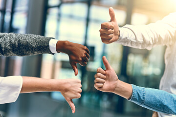 Hands, rejection and business people with thumbs down for vote, decision and choice for corporate project. Office, teamwork and managers with reaction gesture for yes, no and disagreement by flare