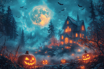 A spooky Halloween scene of a haunted house on a hill under a full moon, with glowing carved pumpkins on the porch. Bats' shadows cross the moonlit sky, and twisted, barren trees surround the house