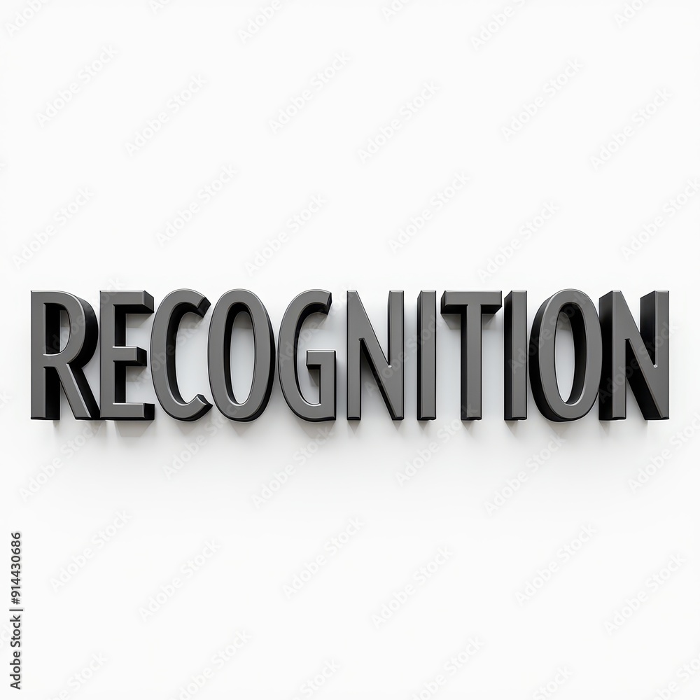 Poster 3d metallic text displaying the word 'recognition' against a plain white background.