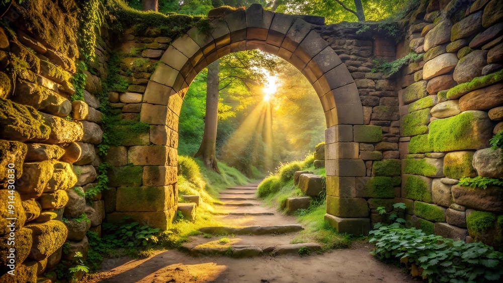 Poster sunbeams through a glowing stone archway generative ai