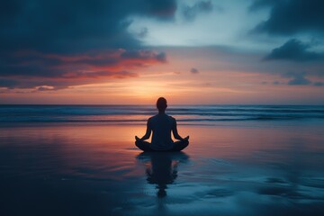 A serene scene of a person meditating by the beach at sunset, reflecting tranquility and connection with nature