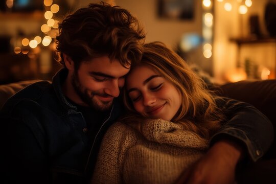 A couple shares a tender moment on a cozy couch, illuminated by warm, ambient lighting in a dimly lit room