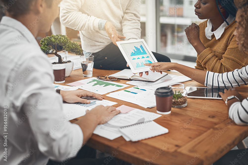 Poster tablet, hands and group of business people with data, information and analysis in creative startup. 