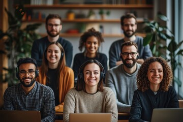 A group of diverse individuals smiling in a modern office setting, some wearing headphones and sitting at laptops, portraying a collaborative and vibrant work environment