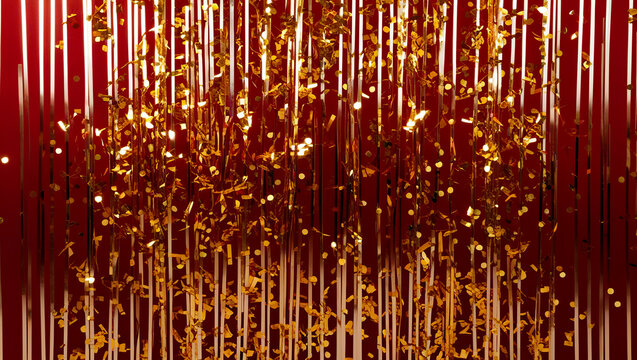 Red backdrop with golden confetti background, golden confetti on a dynamic red background