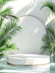 Obraz premium Elegant minimalist outdoor lounge area with tropical plants, white circular daybed, and natural light creating serene ambiance.