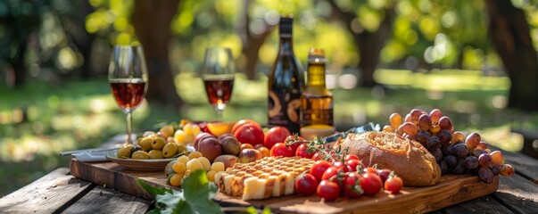 grilled meat and vegetables,Delightful Picnic Spread with Wine, Fresh Fruits, and Bread Outdoors in Sunlit Garden Setting
