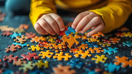 Child's Hands Putting Together Puzzle Pieces.