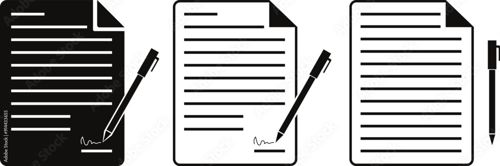 Poster set of pen signing contract, notebook signing, document signing with pen, signature vector symbol, form sign, vector graphics.
