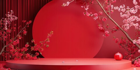 empty podium for product display, red background, cherry blossoms 