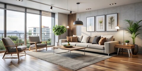 Fototapeta premium Modern apartment living room with minimalist furniture and sleek design, interior, modern, apartment, living room
