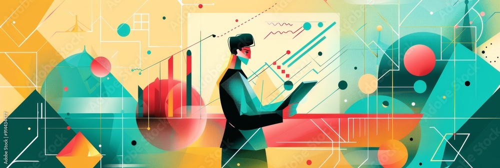 Poster a businesswoman with a tablet in hand, standing in front of a wall of abstract shapes and data chart