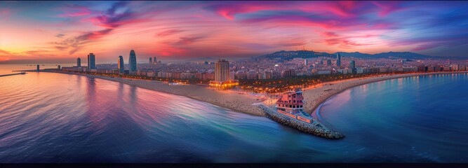 Barcelona Beach at Sunset:  A Panoramic View of the City